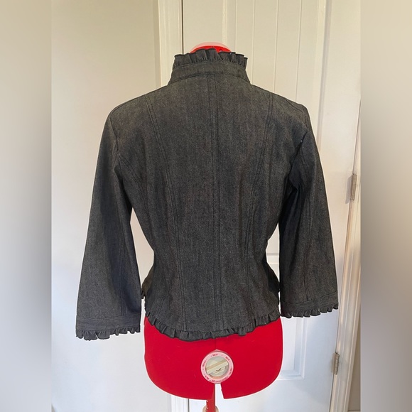 Sandro Petite Dark Gray Denim Ruffle Trimmed Military Style Jacket - Picture 4 of 9